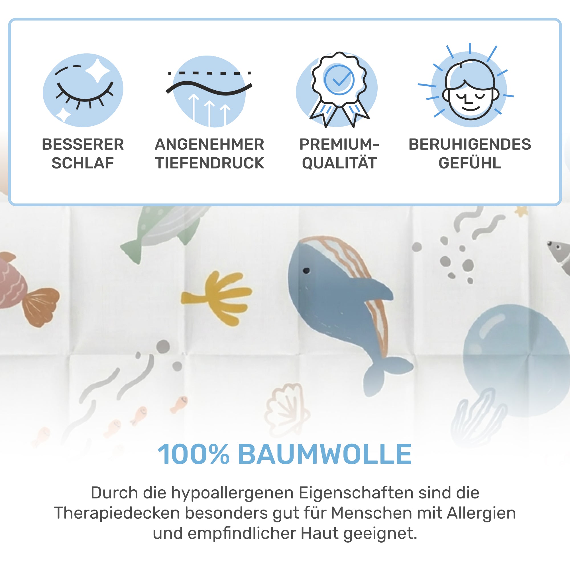 Tyngd filt för barn gjord av 100% bomull, "Ocean"-utgåva