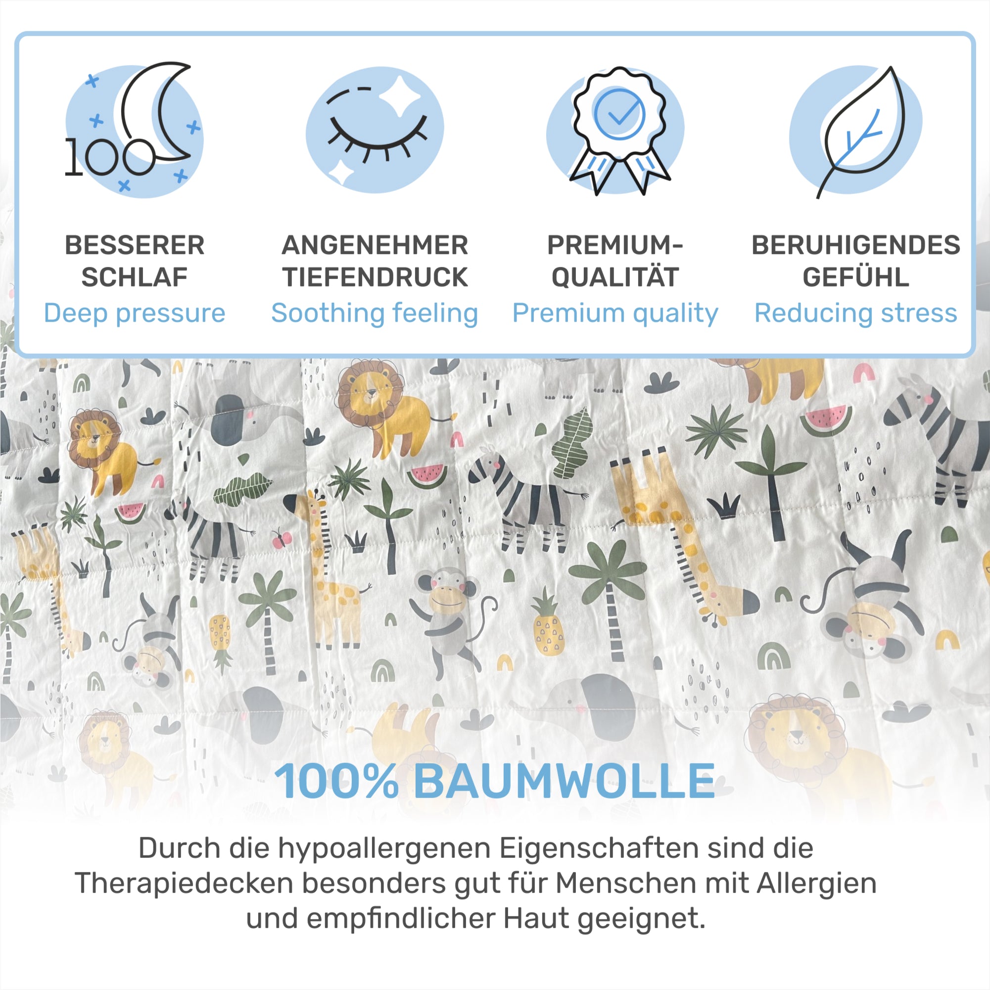 Tyngd filt för barn gjord av 100% bomull, "Safari" utgåva