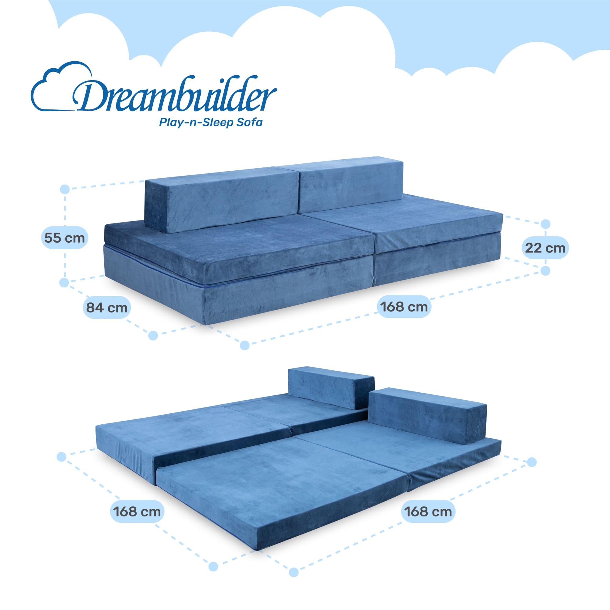 Sofá y sofá cama Play para niños, 168x84x55 cm, azul