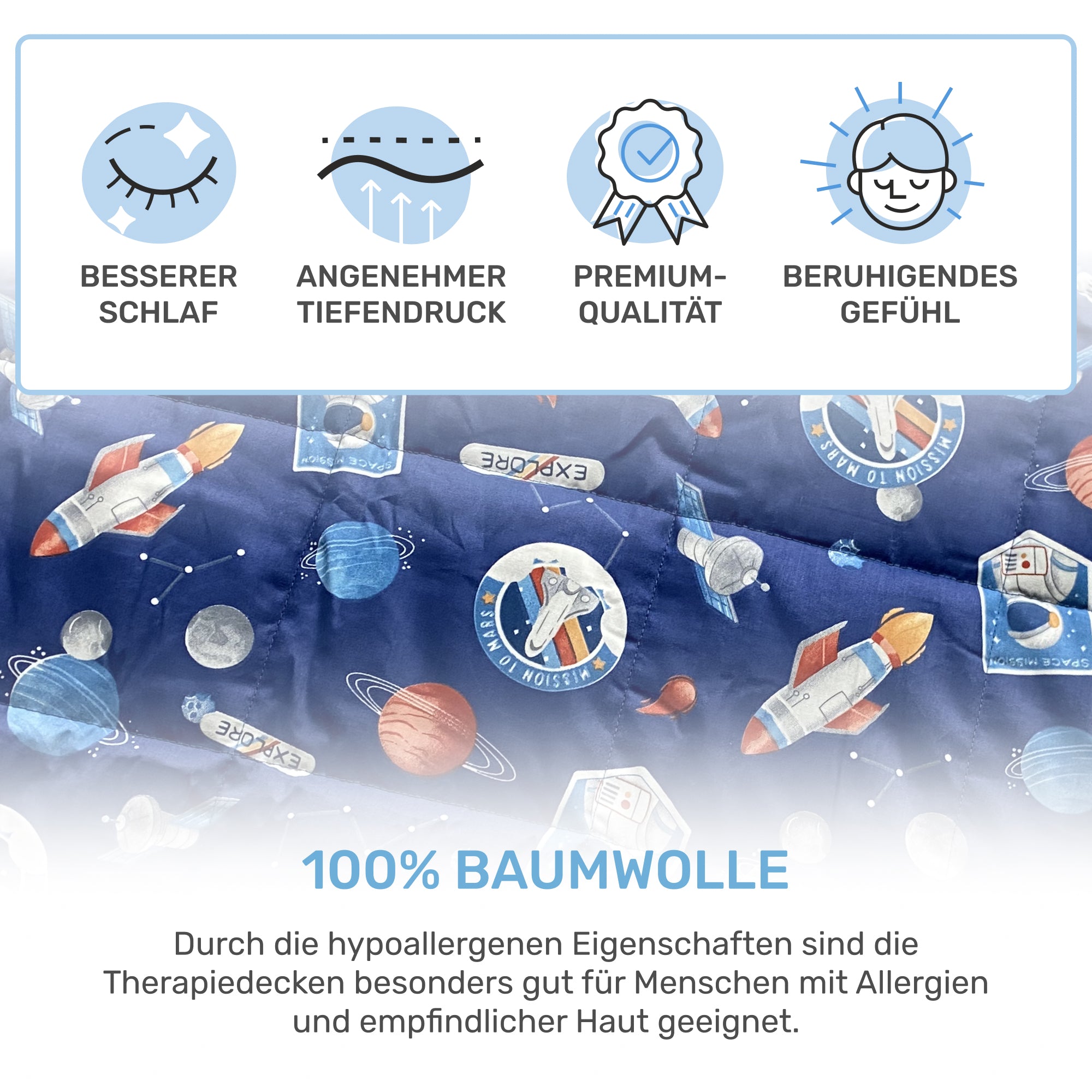 Tyngd filt för barn gjord av 100% bomull, "Space"-utgåva