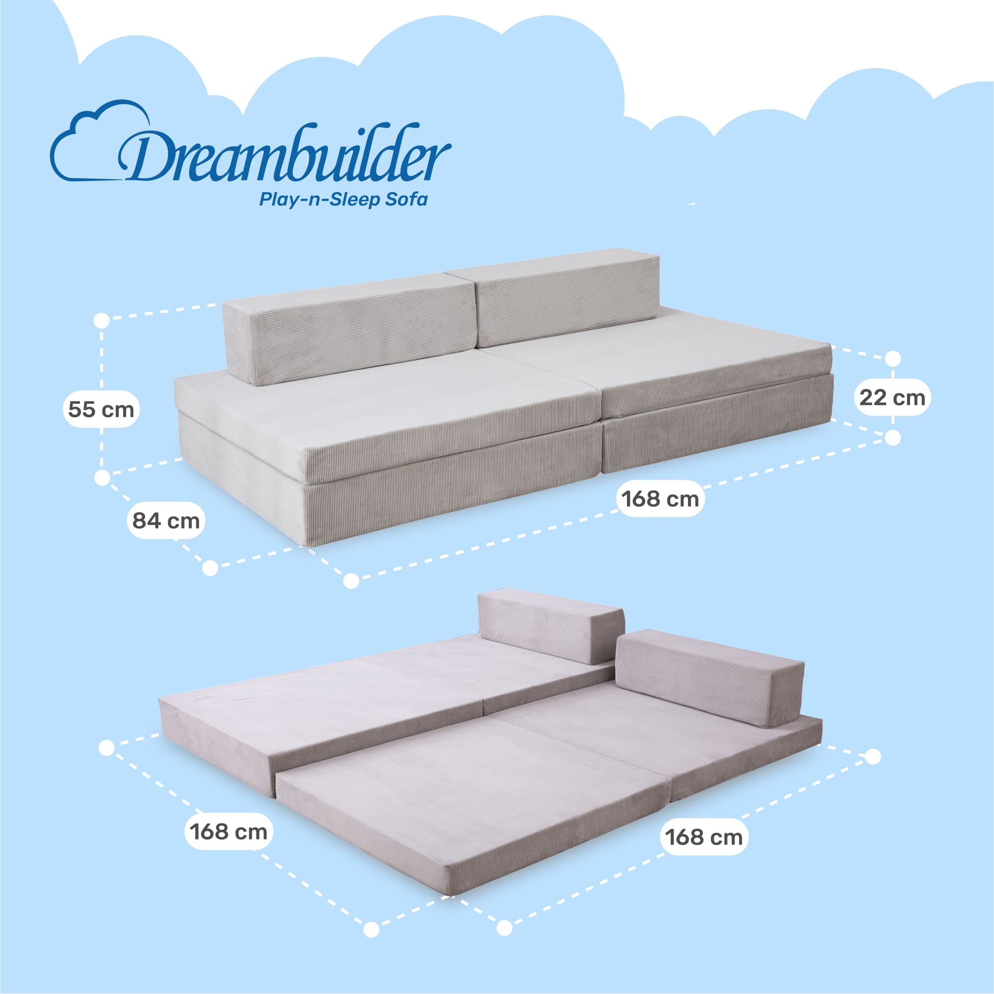 Spielsofa und Schlafsofa für Kinder, 168x84x55 cm, Grau